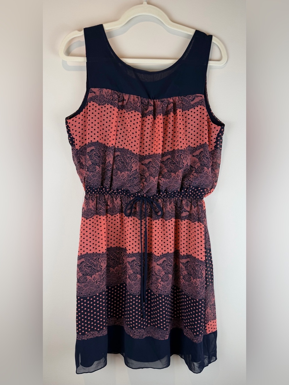 EnFocus Studios Sleeveless Coral & Black Midi Dress Drawstring Waist Size 12